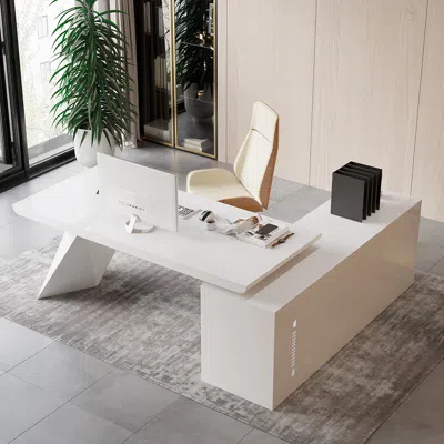 Homary Modern White Large L-shape Executive Desk With Drawers & Cabinet Left Hand Office Furniture (70.9'')