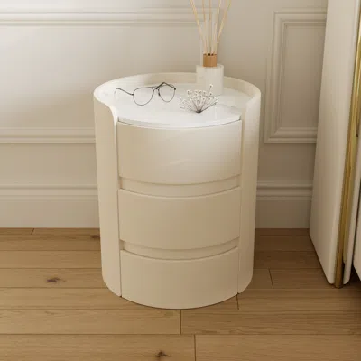 Homary Modern White Leather 3-drawer Nightstand Sintered Stone Top Round Bedside Table