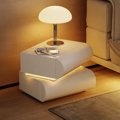 Homary Modern White Leather Smart Led Nightstand With Wireless Charger 2 Drawers Bedside Table With Usb & T