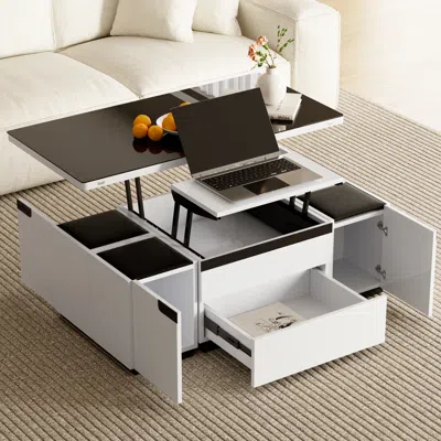 Homary Modern White Lift Top Glass Coffee Table With Drawers & Storage Multifunction Table