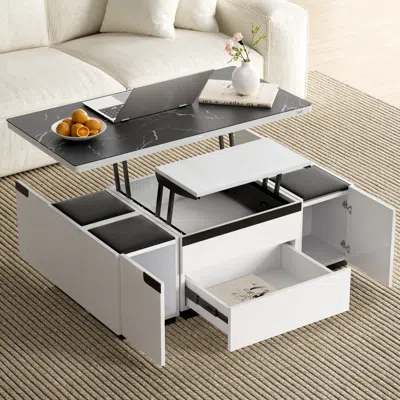 Homary Modern White Lift Top Marble Coffee Table With Drawers & Storage Multifunction Table