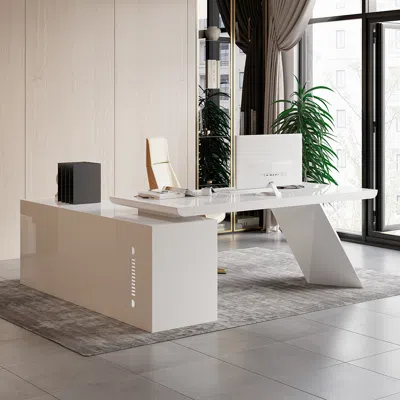 Homary Modern White L-shape Executive Desk Drawers & Cabinet Home Office Desk Right Hand (70.9" ) In Neutral