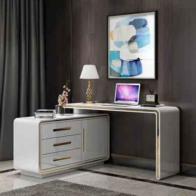 Homary Modern White L-shaped Desk Corner Rotating Computer Desk With Cabinet