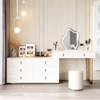 Homary Modern White Makeup Vanity Set With 6-drawer Cabinet Dressing Table With Stool & Mirror