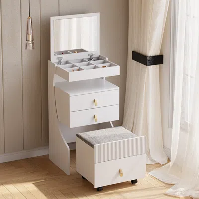 Homary Modern White Makeup Vanity Set With Flip Top Mirror Mini Dressing Table With Stool