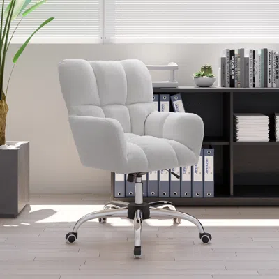 Homary Modern White Office Chair Upholstered Cotton & Linen Swivel Task Chair Height Adjustable