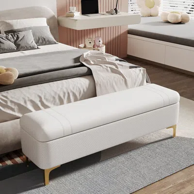 Homary Modern White Pu Leather Bedroom Flip Top Storage Bench With Gold Stainless Steel Legs