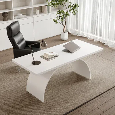 Homary Modern White Rectangular Writing Desk Solid Wood Metal Base Office Desk (70.9" )