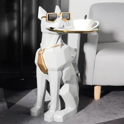 Homary Modern White Resin Dog Sculpture Decorative Cocktail Table Cute End Side Table With Metal Storage Tr