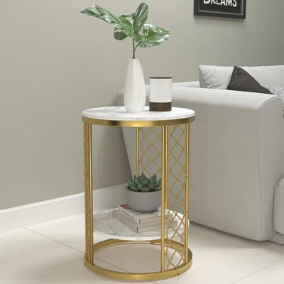 Homary Modern White Round End Table With Storage Marble Side Table Metal In Gold