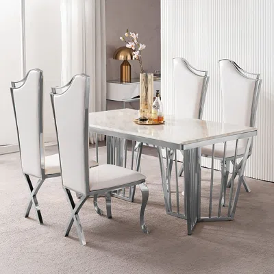 Homary Modern White Upholstered Dining Chairs 4-pieces High Back Side Chair Silver Legs