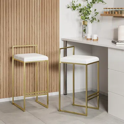 Homary Modern White Velvet Counter Height Bar Stool (set Of 2) With Back & Footrest In Gold