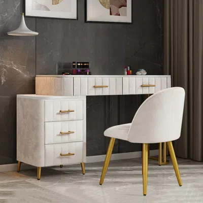 Homary Modern White Velvet Upholstered Makeup Vanity Expandable Dressing Table With Cabinet & Chair
