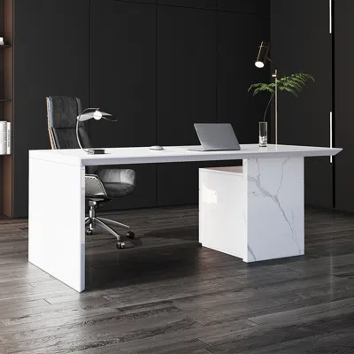 Homary Modern White Wooden Home Office Desk With Movable File Cabinet Office Furniture (70.9")