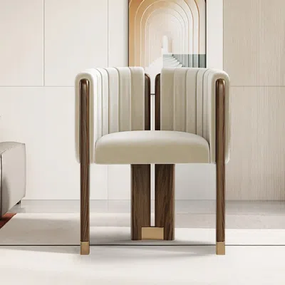 Homary Modern Wood Accent Chair Beige Velvet Upholstered Arm Chair In White