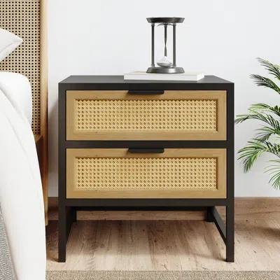Homary Modern Wood Nightstand Rattan Nightstand With 2 Drawers Storage For Bedroom In Brown