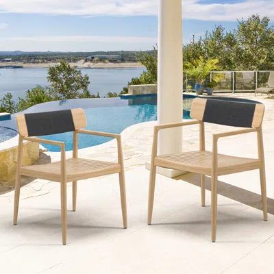 Homary Modern Wood Outdoor Patio Dining Chair Armchair In Natural (set Of 2） In Brown
