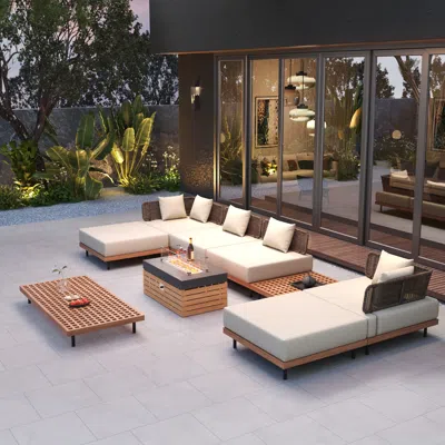 Homary Modular Teak Outdoor Sofa Set For 6 Person With Propane Fire Pit In White