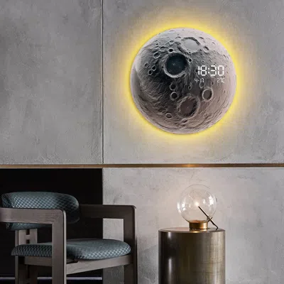 Homary Moon-shaped Led Wall Clock Modern Round Decor Art Living Room Bedroom In Gray