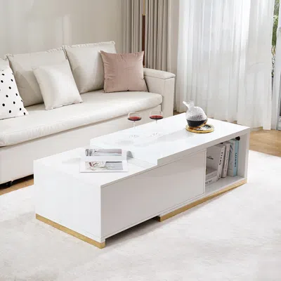 Homary Mordelle Extendable Up To 70.8" Rectangle Glossy White Coffee Table With 2 Drawers