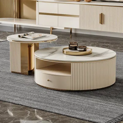 Homary Mytures Modern Round Nesting Coffee Table With Storage White Sintered Stone Set Of 2