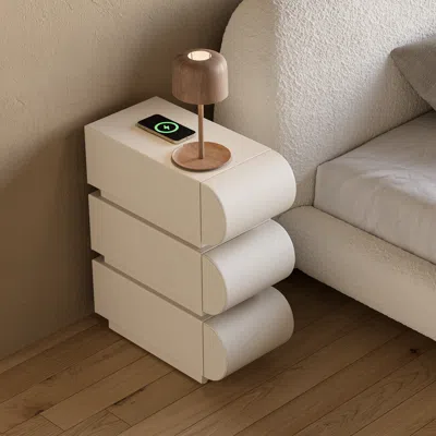 Homary Narrow Modern White Leather Smart Nightstand With Wireless Charger 3 Drawers Bedside Table With Usb  In Brown