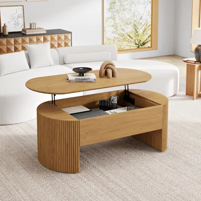 Homary Natural Oval Lift Top Mid-century Modern Coffee Table In Brown