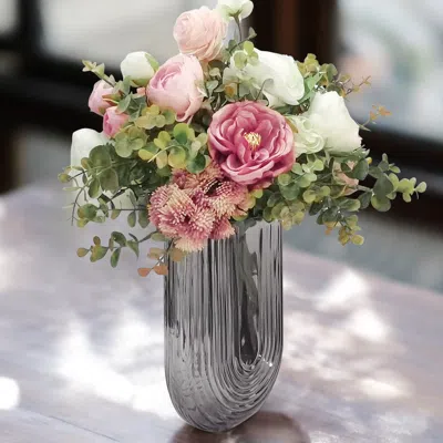 Homary Natural Pink Artificial Flower Arrangement In Vase Fake Flower Dining Table Centerpiece In Transparent