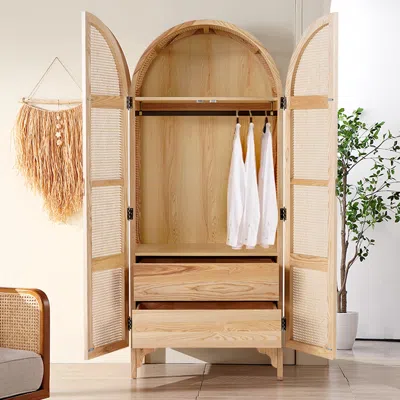 Homary Natural Woven Rattan Bedroom Clothing Armoire With Hidden 2 Doors And Drawers Wardrobe In Neutral