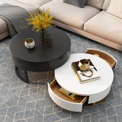 Homary Nesnesis Modern Round Lift-top Nesting Wood Coffee Table With Drawers White & Black