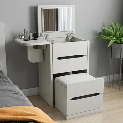 Homary Nordic Flip Top White Makeup Vanity Mini With Stool & Mirror In Gray
