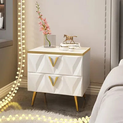 Homary Nordic White Nightstand 2-drawer Bedside Table V-shaped Facet & Gold Pulls In Small