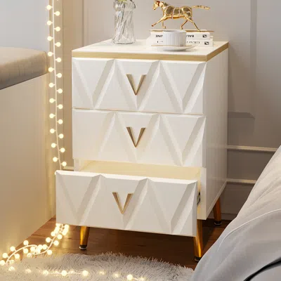 Homary Nordic White Nightstand 3-drawer V-shaped Gold Pulls In Large