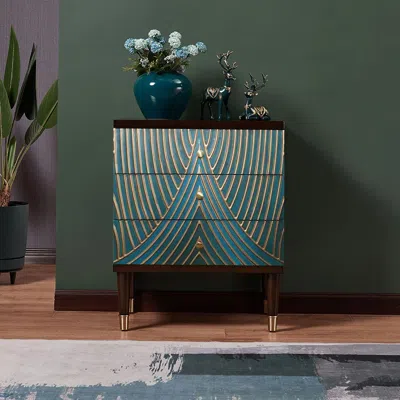 Homary Novel Blue Cabinet Gold-painted 3-drawer Chest In Small