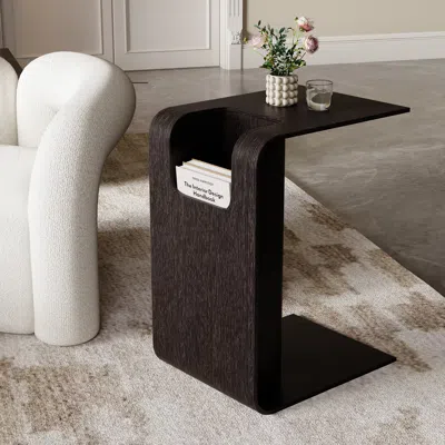 Homary Oak Wood C-style End Table With Magazine Rack Organizer C Side Table In Black