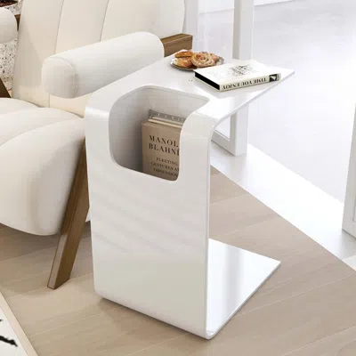 Homary Oak Wood C-style End Table With Magazine Rack Organizer C Side Table In White