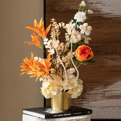 Homary Orange Artificial Flowers In Vase Set Realistic Hydrangea Gold Ceramic Vase Home Decor In Multi