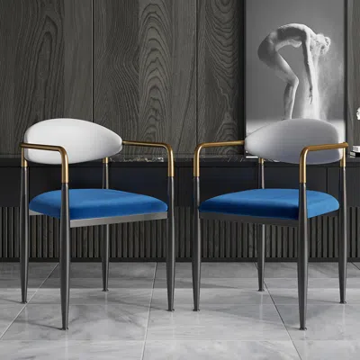 Homary Otrast White & Blue Pu Leather Dining Chair Velvet Upholstered Arm Chair 6-pieces