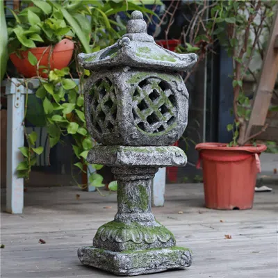 Homary Outdoor Garden Japanese Solar Lantern Sculpture Concrete Gray Fiberglass Asian Decor In Green