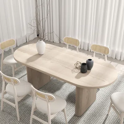 Homary Oval Extendable Dining Table Set 63"-79" Whitewash Dining Table & 6 Wood Rattan Dining Chairs