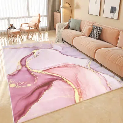 Homary Pink And Gold Abstract Modern Polyester Area Rug Living Room 5' X 7' Flowing Pattern