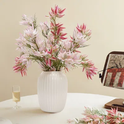 Homary Pink Artificial Flowers In White Ribbed Vase Elegant Faux Floral Arrangement For Home Art Decor