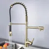 Homary Pull Out Double Spout Kitchen Faucet Brushed Gold Double Function Sprayer Solid Brass In Gold