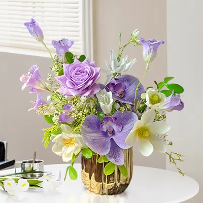 Homary Purple Artificial Flower Arrangement In Gold Vase Fake Flower Dining Table Centerpiece In Multi