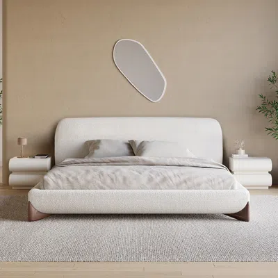 Homary Queen Bedroom Set Boucle King Size Platform Bed Frame & 2 2-drawer White Leather Smart Nightstands