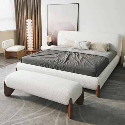 Homary Queen Bedroom Set White Boucle Queen Size Platform Bed Frame With Headboard & Bedroom Bench Set