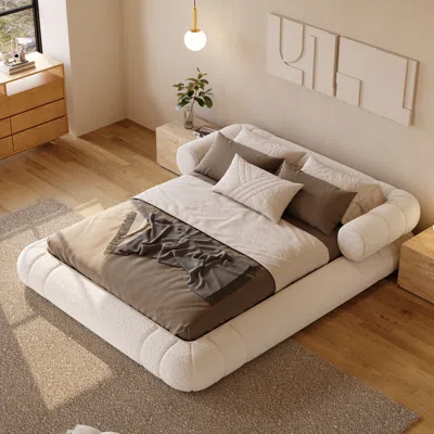 Homary Queen Size Boucle Upholstered Cloud Floor Bed Frame In Brown