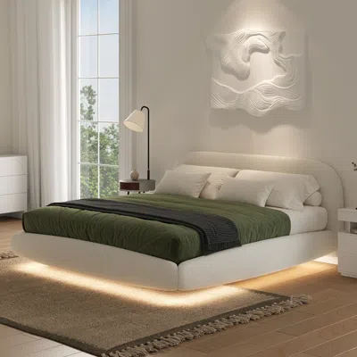 Homary Queen Size Boucle Upholstered Floating Bed Frame With Light In White