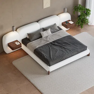 Homary Queen Size Curva Boucle Upholstered Bed Frame With Extended Headboard & Floating Smart Nightstand Se In White
