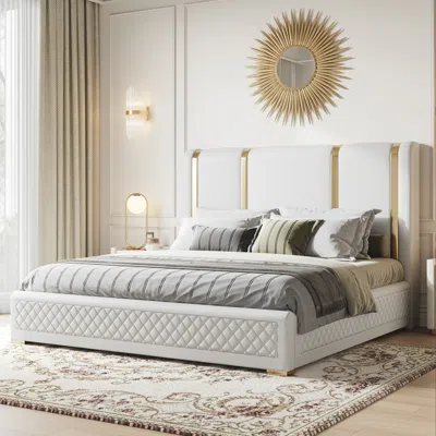 Homary Queen Size Upholstered Bed Frame With Polished Gold And Faux Leather Headboard In White